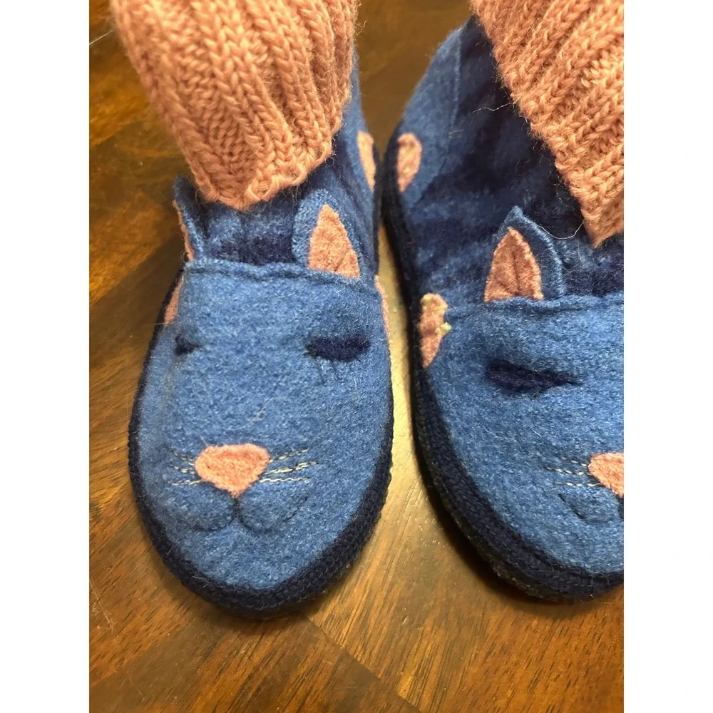 Garnet Hill Kids Blue Cat Wool Slipper Boots Pink Knit‎ Cuff Size 10